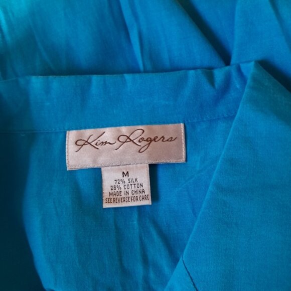 Kim Rogers Turquoise Short Sleeved Silk & Cotton Embroidered Blouse Size Medium - Picture 6 of 8